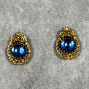 Vtg West Germany Clip On Earrings Blue Iridescent Glass Cabochon Gold Filigree